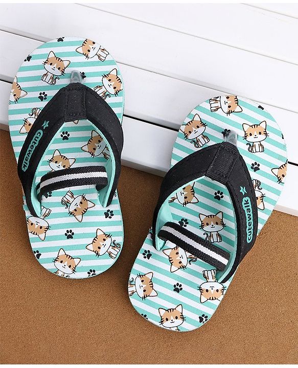Cute Walk by Babyhug Slip On Flip Flops Stripes & Kitty Print-  Blue