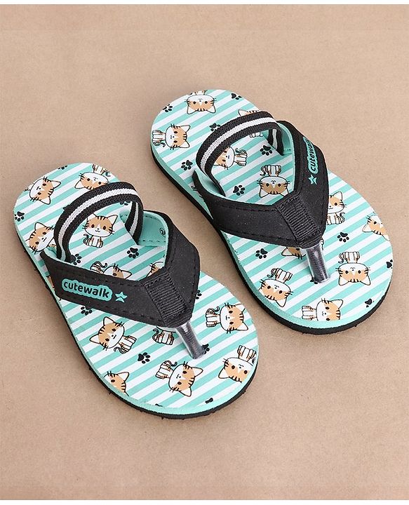 Cute Walk by Babyhug Slip On Flip Flops Stripes & Kitty Print-  Blue