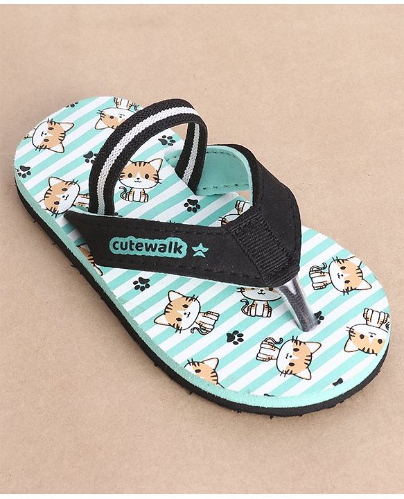 Cute Walk by Babyhug Slip On Flip Flops Stripes & Kitty Print-  Blue