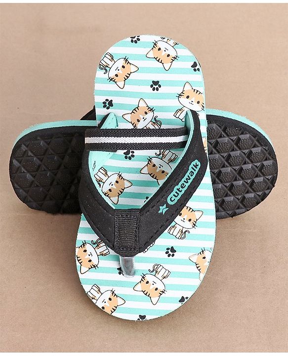 Cute Walk by Babyhug Slip On Flip Flops Stripes & Kitty Print-  Blue