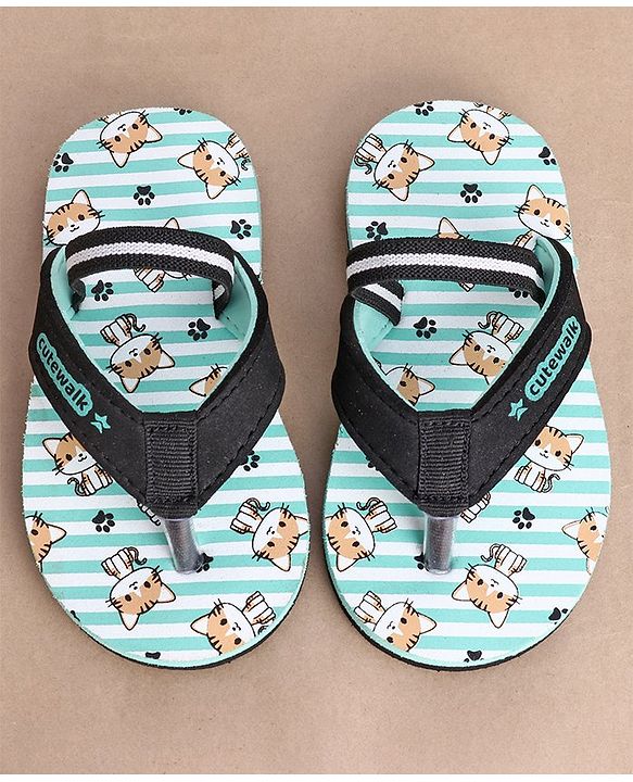 Cute Walk by Babyhug Slip On Flip Flops Stripes & Kitty Print-  Blue