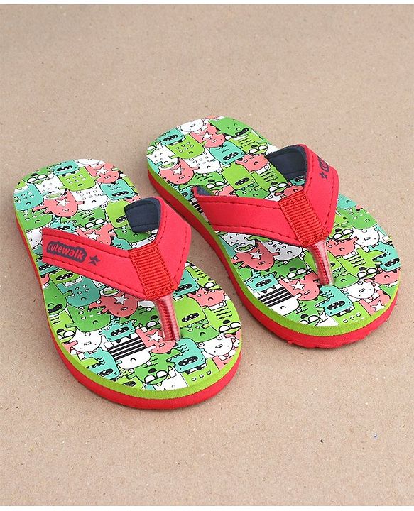 Cute Walk by Babyhug Slip On Flip Flops with Monster Print - Red & Green