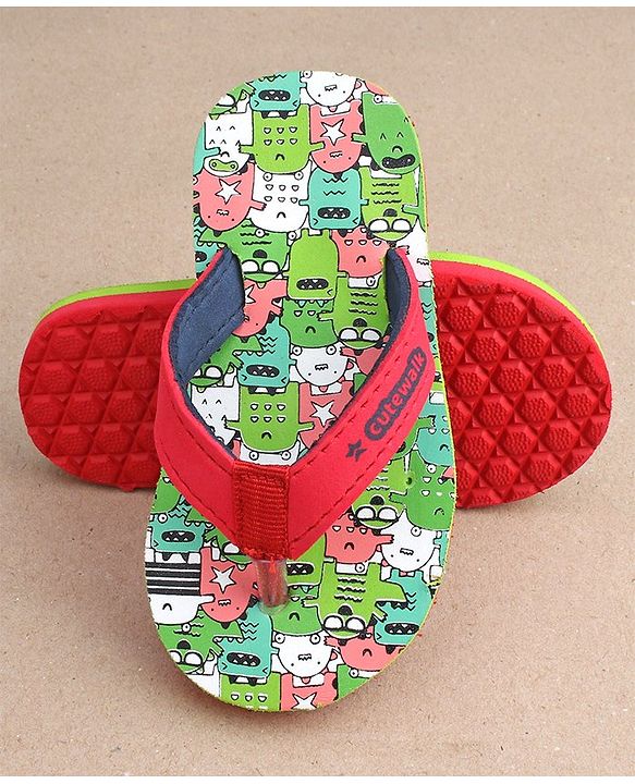Cute Walk by Babyhug Slip On Flip Flops with Monster Print - Red & Green