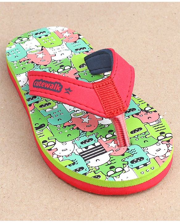 Cute Walk by Babyhug Slip On Flip Flops with Monster Print - Red & Green