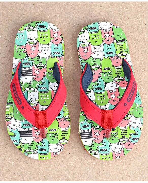 Cute Walk by Babyhug Slip On Flip Flops with Monster Print - Red & Green