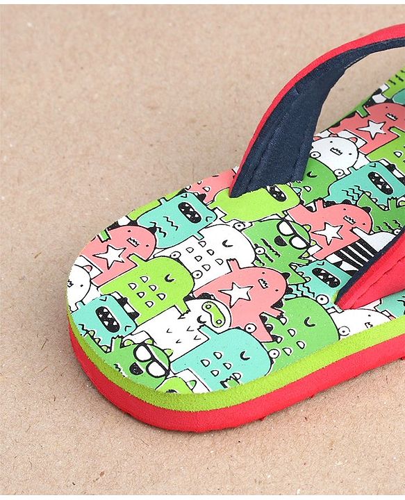 Cute Walk by Babyhug Slip On Flip Flops with Monster Print - Red & Green