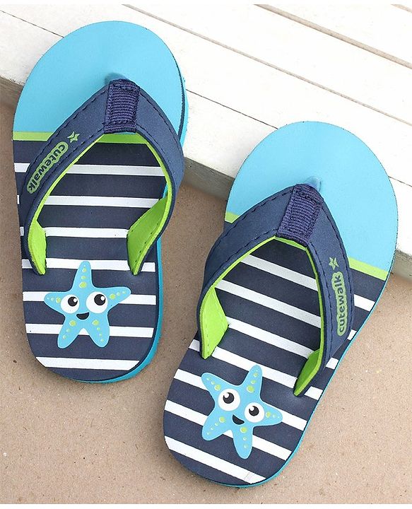 Cute Walk by Babyhug Flip Flops Stripes and Star Fish Print - Blue