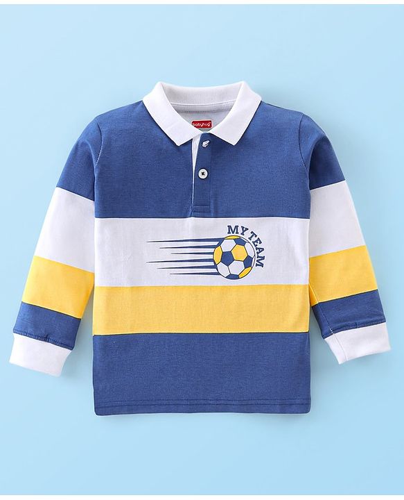Babyhug Cotton Knit Full Sleeves Striped T-Shirt with Football Graphics - Blue & Yellow