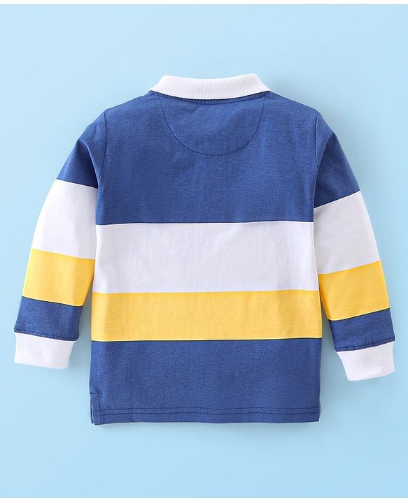 Babyhug Cotton Knit Full Sleeves Striped T-Shirt with Football Graphics - Blue & Yellow