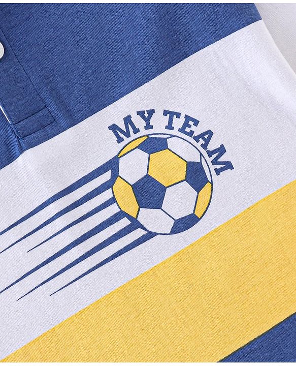 Babyhug Cotton Knit Full Sleeves Striped T-Shirt with Football Graphics - Blue & Yellow