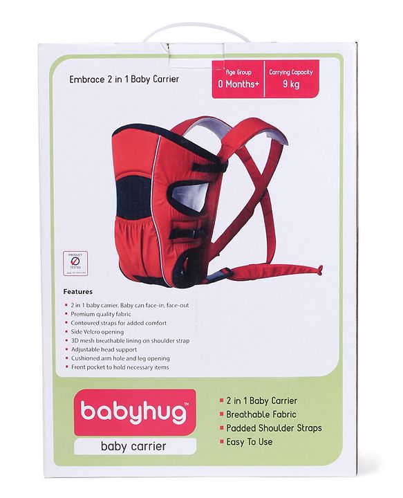Babyhug  Embrace 2-in-1 Ergonomic Baby Carrier with Detachable Bib: Lightweight, Compact, Breathable, For newborns and toddlers, Offering front and inward carrying positions with padded straps for ultimate comfort and safety-Red