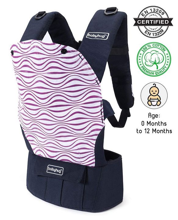 Babyhug On The Go 2 In 1 Baby Carrier With Removable Cotton Head Cover  Navy Blue Pink (Hood Print May Vary)