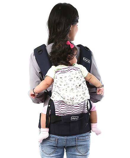 Babyhug On The Go 2 In 1 Baby Carrier With Removable Cotton Head Cover  Navy Blue Pink (Hood Print May Vary)
