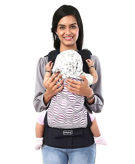 Babyhug On The Go 2 In 1 Baby Carrier With Removable Cotton Head Cover  Navy Blue Pink (Hood Print May Vary)