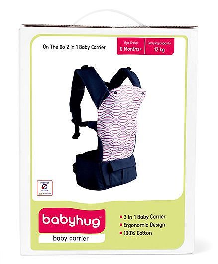 Babyhug On The Go 2 In 1 Baby Carrier With Removable Cotton Head Cover  Navy Blue Pink (Hood Print May Vary)