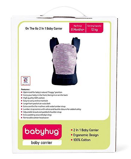 Babyhug On The Go 2 In 1 Baby Carrier With Removable Cotton Head Cover  Navy Blue Pink (Hood Print May Vary)