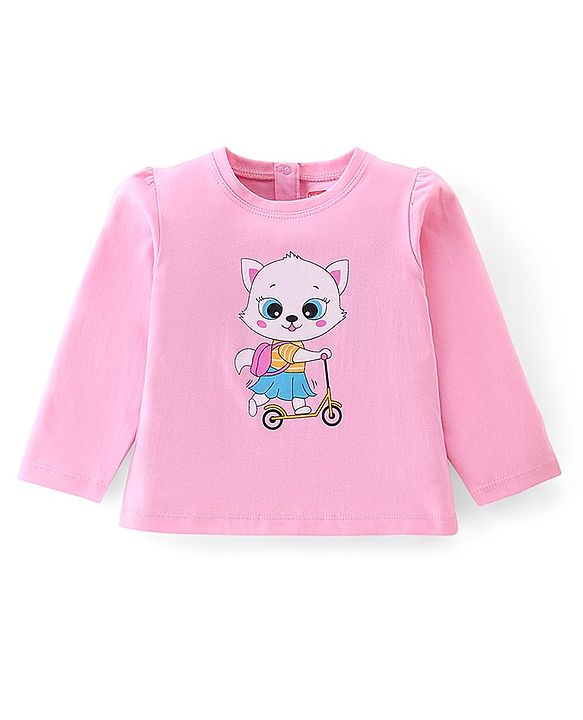 Babyhug 100% Cotton Knit Full Sleeves Top With Kitty Graphics - Pink