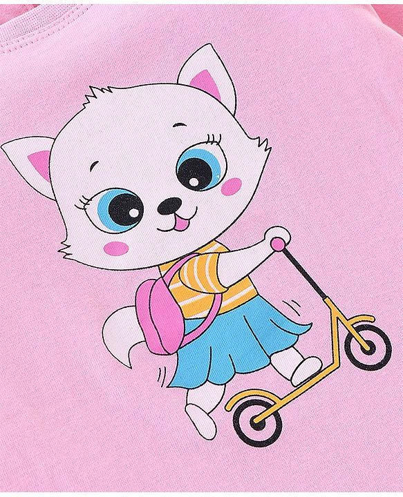 Babyhug 100% Cotton Knit Full Sleeves Top With Kitty Graphics - Pink