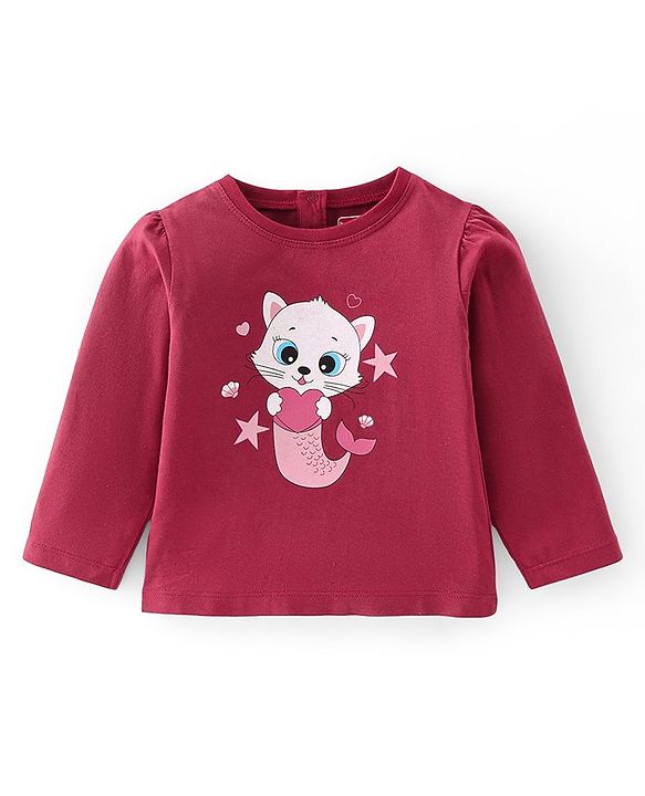 Babyhug Cotton Knit Full Sleeves T-Shirt with Kitty Graphics Print - Maroon