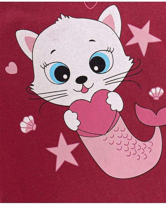 Babyhug Cotton Knit Full Sleeves T-Shirt with Kitty Graphics Print - Maroon