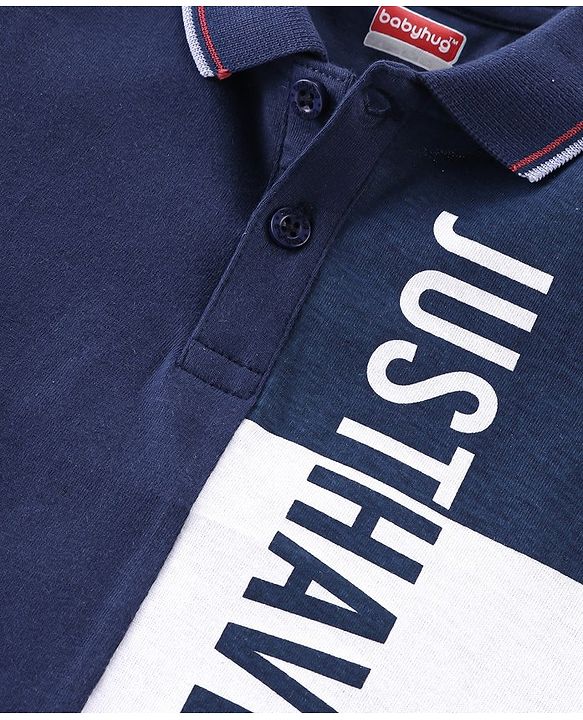 Babyhug Cotton Knit Half Sleeves Polo T-Shirt Star & Text Graphics- Navy Blue