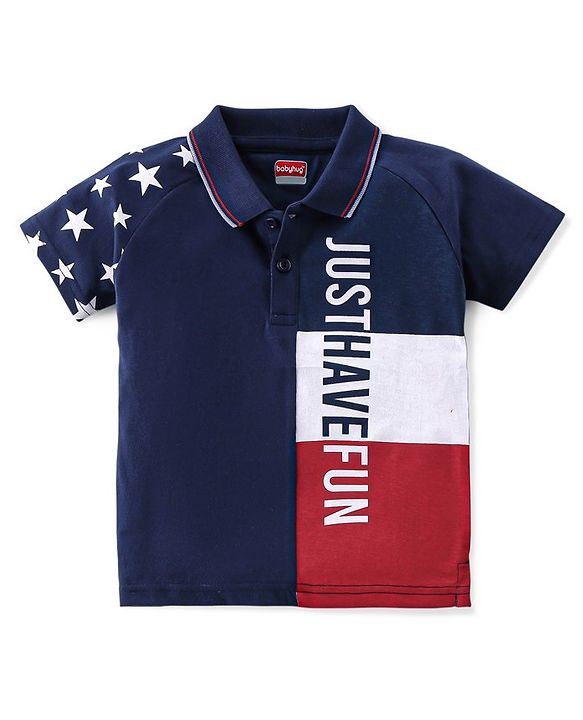 Babyhug Cotton Knit Half Sleeves Polo T-Shirt Star & Text Graphics- Navy Blue