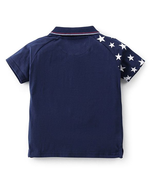 Babyhug Cotton Knit Half Sleeves Polo T-Shirt Star & Text Graphics- Navy Blue