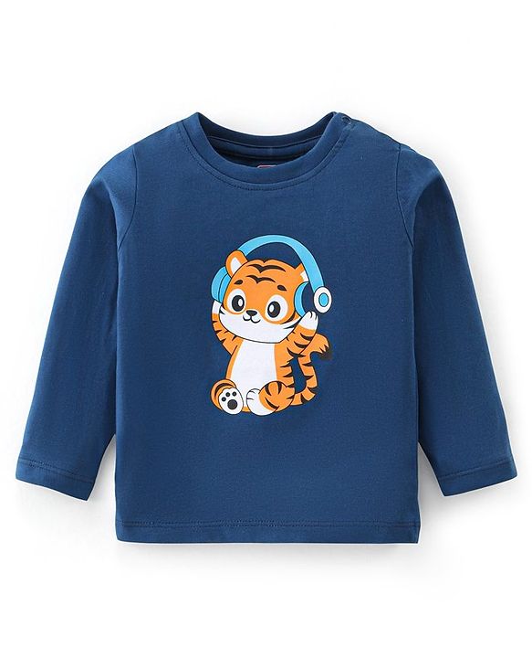 Babyhug 100% Cotton Knit Full Sleeves T-Shirt With Tiger Print - Navy Blue