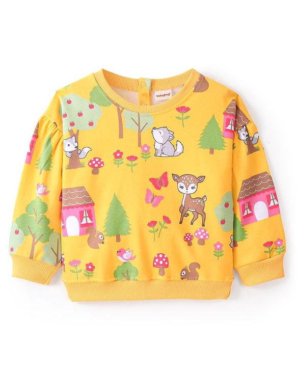 Babyhug Cotton Knit Full Sleeves Butterfly & Deer Printed Sweatshirt - Mustard Yellow