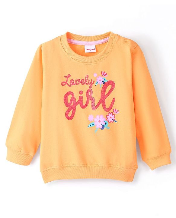 Babyhug 100% Cotton Full Sleeves Sweatshirt with Text & Floral Graphics Print - Yellow