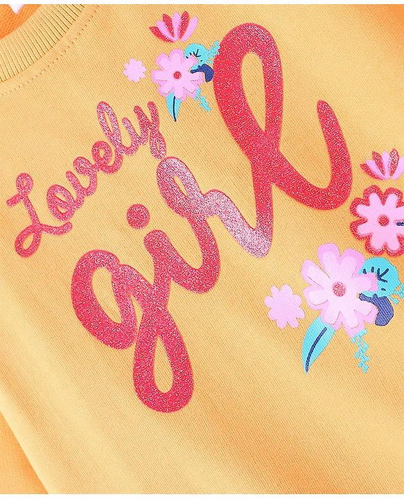 Babyhug 100% Cotton Full Sleeves Sweatshirt with Text & Floral Graphics Print - Yellow