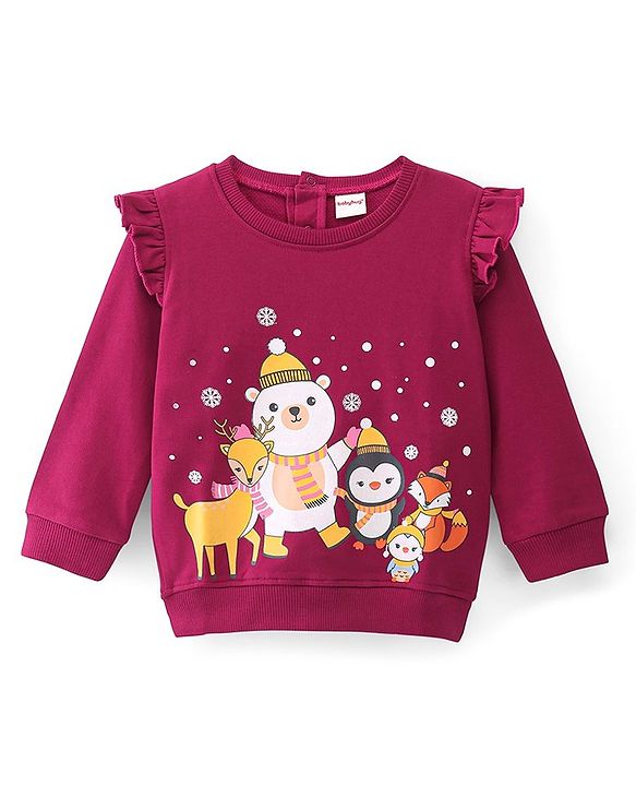 Babyhug 100% Cotton Knit Full Frill Sleeves Sweatshirt with Christmas Themed Graphics - Maroon