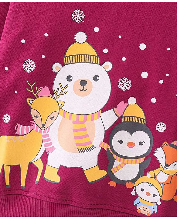 Babyhug 100% Cotton Knit Full Frill Sleeves Sweatshirt with Christmas Themed Graphics - Maroon