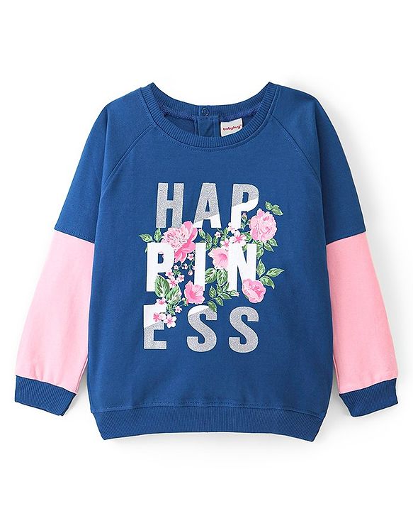 Babyhug Full Sleeves Sweatshirt Text & Floral Graphics with Glitter Detailing - Navy Blue & Pink