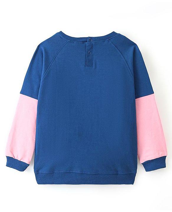 Babyhug Full Sleeves Sweatshirt Text & Floral Graphics with Glitter Detailing - Navy Blue & Pink