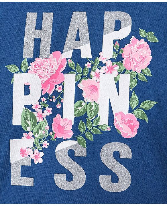Babyhug Full Sleeves Sweatshirt Text & Floral Graphics with Glitter Detailing - Navy Blue & Pink