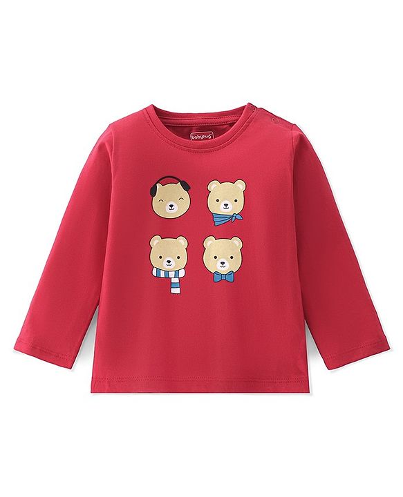 Babyhug 100% Cotton Knit Full Sleeves T-Shirt Bear Print - Red