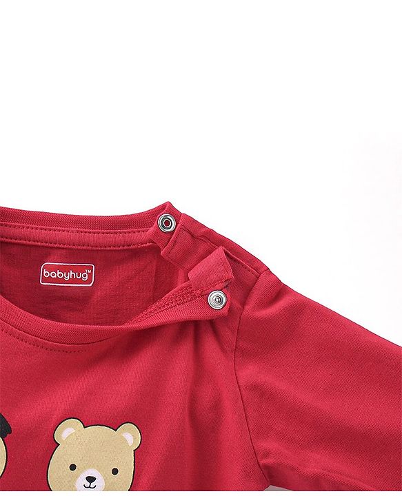 Babyhug 100% Cotton Knit Full Sleeves T-Shirt Bear Print - Red