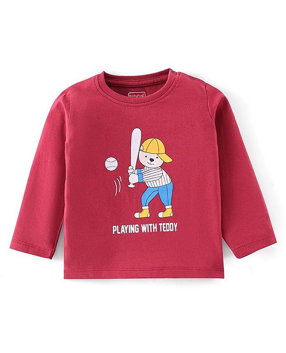 Babyhug Cotton Knit Full Sleeves Puppy Print T-Shirt - Maroon