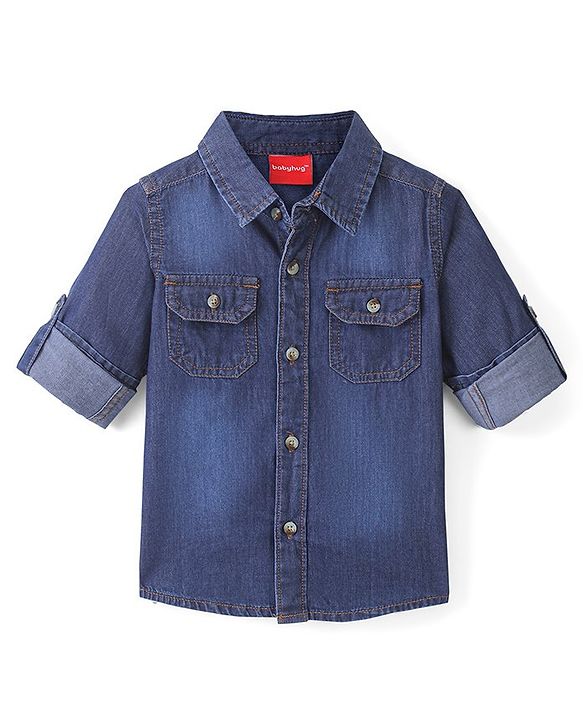 Babyhug Denim Full Sleeves Regular Collar Two Pocket Shirt - Blue