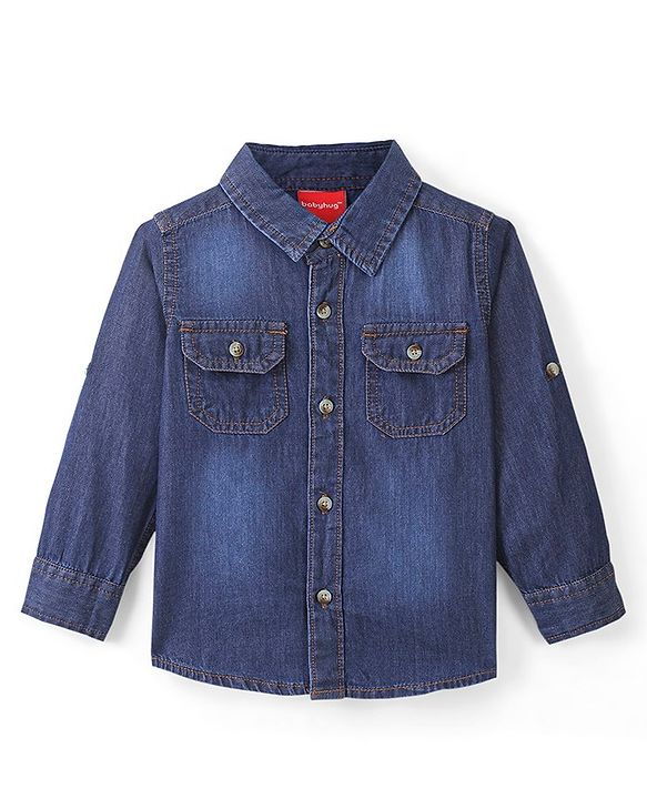 Babyhug Denim Full Sleeves Regular Collar Two Pocket Shirt - Blue