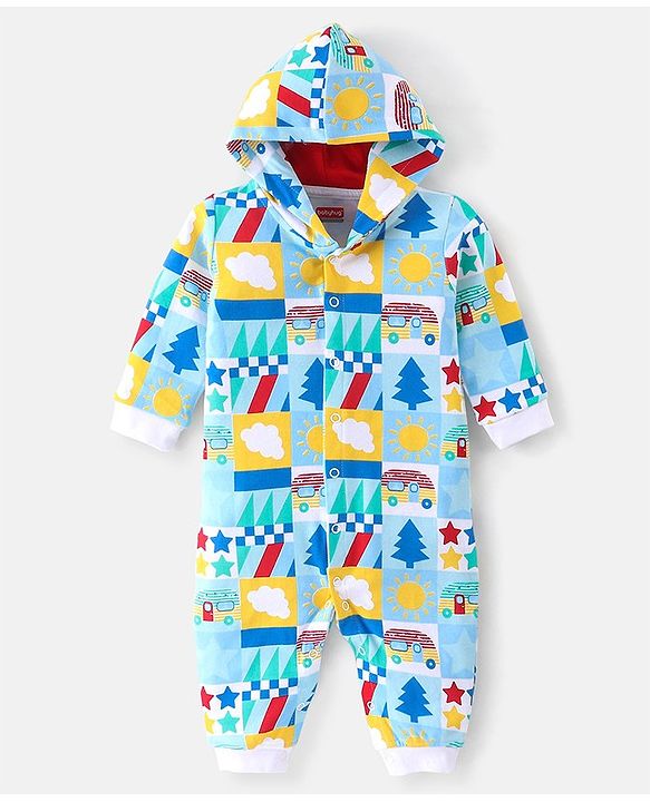 Babyhug 100% Cotton Knit Full Sleeves Hooded Romper Scenery Print - Blue