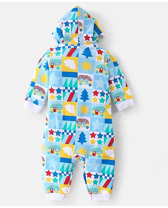 Babyhug 100% Cotton Knit Full Sleeves Hooded Romper Scenery Print - Blue