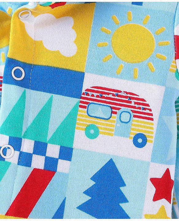 Babyhug 100% Cotton Knit Full Sleeves Hooded Romper Scenery Print - Blue