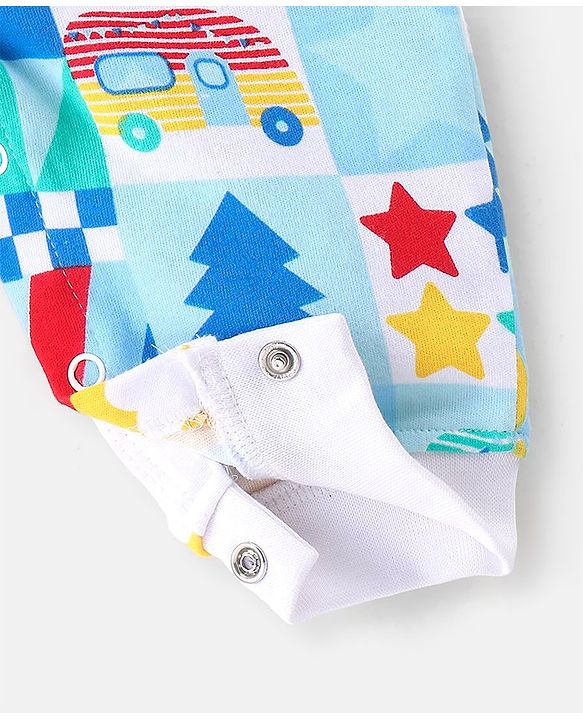 Babyhug 100% Cotton Knit Full Sleeves Hooded Romper Scenery Print - Blue