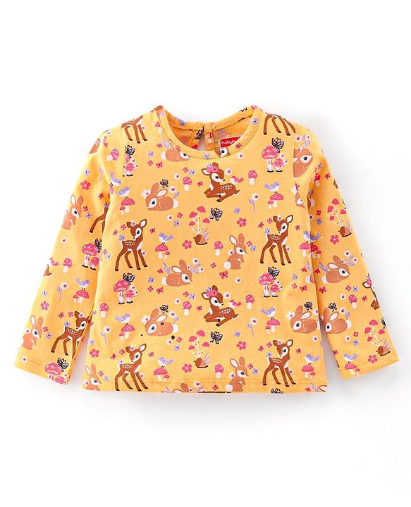 Babyhug Cotton Knit Full Sleeves Fawn & Floral Print T-Shirts Pack of 3 - Pink Purple & Yellow