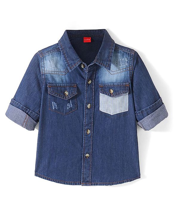 Babyhug Cotton Knit Denim Full Sleeve Shirt With Two Pocket - Blue