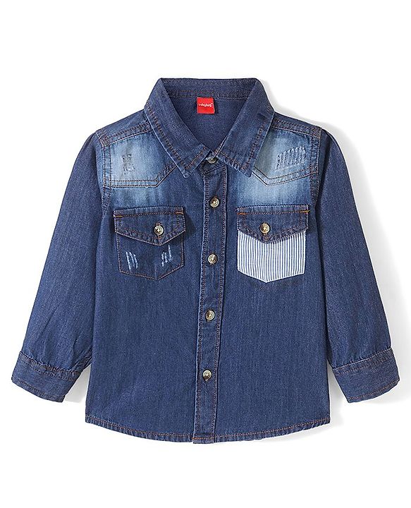 Babyhug Cotton Knit Denim Full Sleeve Shirt With Two Pocket - Blue