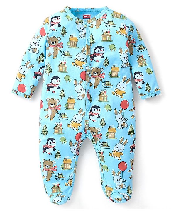 Babyhug Cotton Knit Full Sleeves Footed Sleep Suit Penguin & Bunny Print - Blue