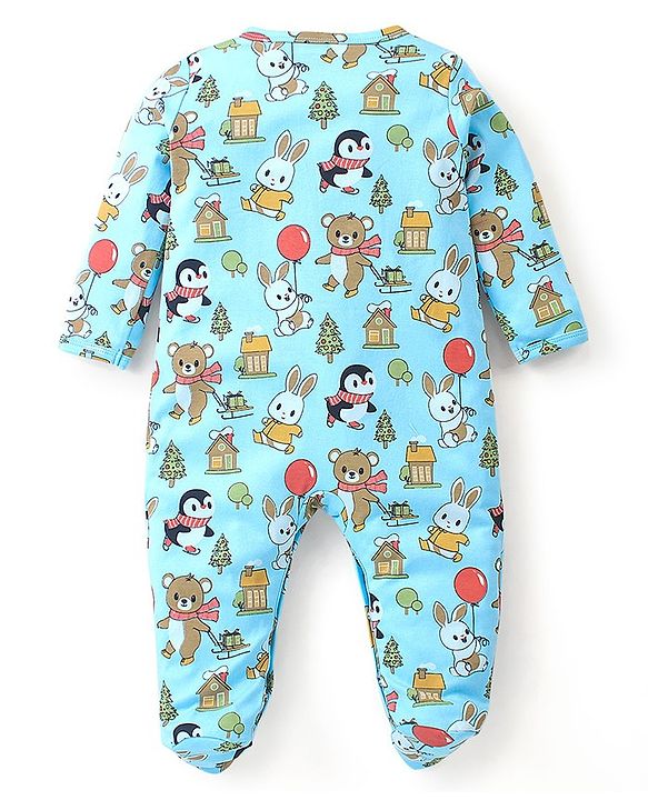 Babyhug Cotton Knit Full Sleeves Footed Sleep Suit Penguin & Bunny Print - Blue